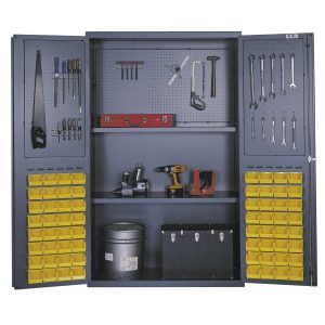 Valley Craft Pegboard Cabinet - 48"W x 24"D x 78"H, Bin & Tool, Half Louvered Door Panels, (64) Bins, Half Pegboard Door Panels, (2) Shelves, 1000 lb. Capacity/Shelf, 14 Gauge