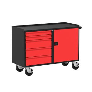 Valley Craft Mobile Workbench, 48"W Deluxe - (5) Drawers (1) Door, 48"W x 21"D x 36"H, 2000 lb. Capacity, Red/Black