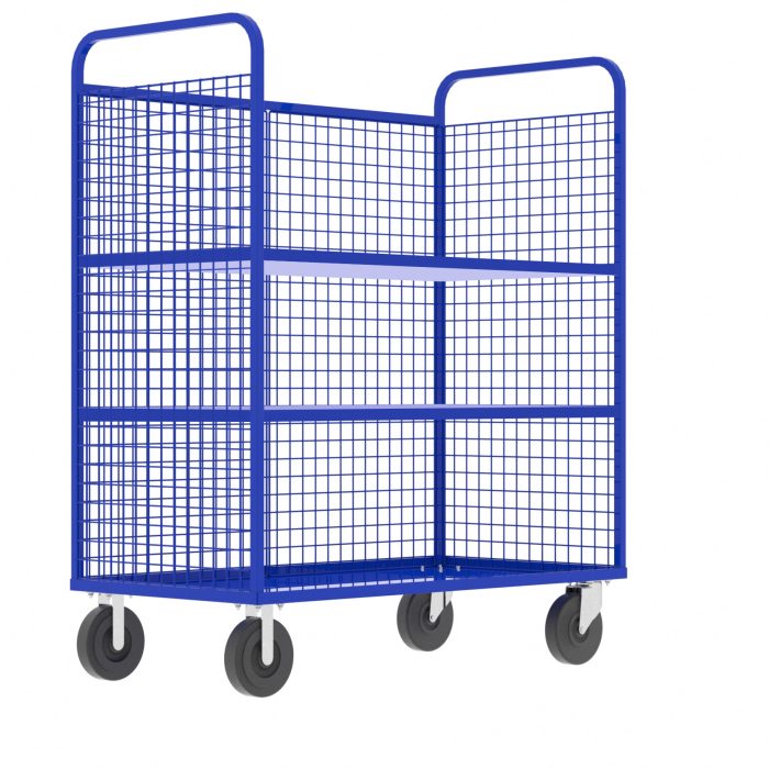 3-Sided Stock Picking Cage Cart, (2) Shelves, Blue