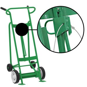 4-Wheel Drum Hand Truck, Steel, Solid Rubber Wheels, Hand Brake, Security Cable Chime Hook